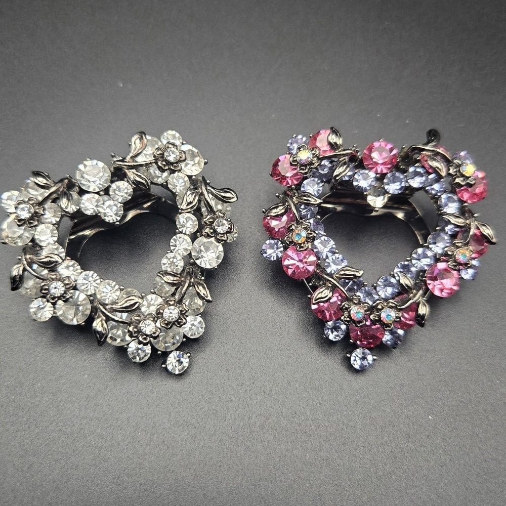 Beautiful Silver and Pink Rhinestone Gunmetal Heart Scarf Clips
